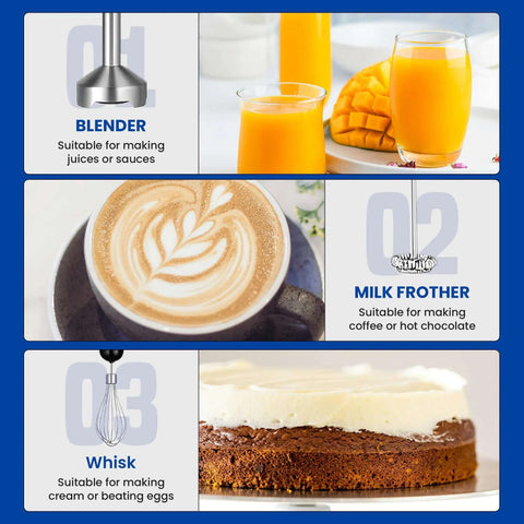 Top Shelf 4 In 1 Immersion Hand Blender Set That Features An 800W Motor And Eight Quick Gears for blending, frothing, and whisking.