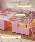 Twin Size Low Loft Bed With 7 Storage Drawers, Bookcase, And LED Lights, Metal Kids Loft Bed With 14 Inch Guardrail, Inclined Ladder, Play Curtain, Under-Bed Play Space, Pink