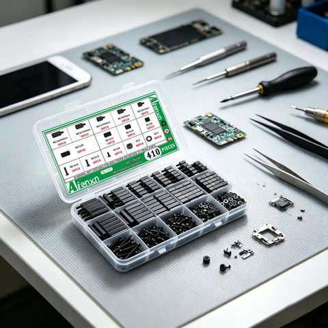 410Piece M2.5 Nylon Motherboard Standoffs Kit With Male And Female Hex Spacers, Screws And Nuts For Circuit Boards And PCBs, Durable, Corrosion Resistant, Non Toxic Hardware Set For Reliable Builds on workbench with parts organizer
