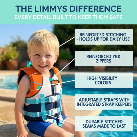 Child in orange CE certified swim vest with YKK zippers beside pool, showcasing Kids Swim Vest With Integrated Foam Panel For Toddlers And Kids