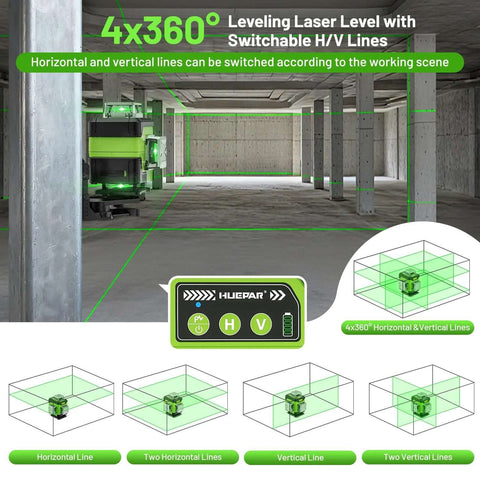 HUEPAR 360° self-leveling laser level with LCD screen, green housing, front view