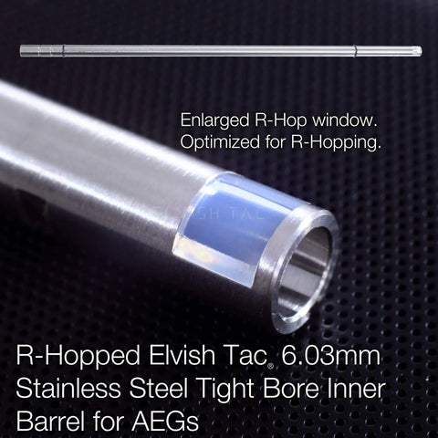 R-Hop 6.03mm Tightbore Barrel Set With Modify Flat-Hop Bucking And S-Nub showing stainless steel build and enlarged R-Hop window.