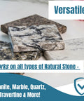 Versatile natural stone samples with Easy Spray On Granite And Stone Countertop Sealer That Really Protects, Penetrates Deep, Wipes Clean Quick, And Keeps Marble, Granite, Travertine Looking Fresh, With A Non Toxic, Non Corrosive, Long Lasting Shield For Everyday Kitchen Surfaces.