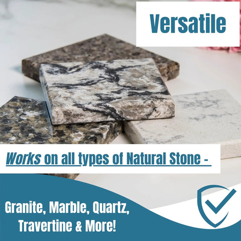 Versatile natural stone samples with Easy Spray On Granite And Stone Countertop Sealer That Really Protects, Penetrates Deep, Wipes Clean Quick, And Keeps Marble, Granite, Travertine Looking Fresh, With A Non Toxic, Non Corrosive, Long Lasting Shield For Everyday Kitchen Surfaces.