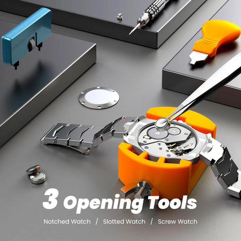 Watch Battery Replacement Kit With Case Back Opener, Five In One Screwdriver, Pry Tools, Spring Bar Tool, Tweezers, and Repair Set