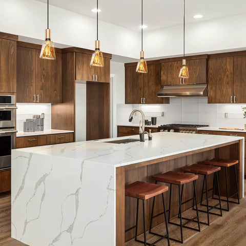 Modern kitchen with Dope Amber Vintage Edison Style LED Bulb For Home Lighting And Pendant Vibe Warm 2200K Glow over island