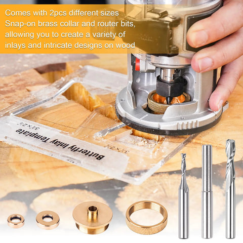 Installed SpeTool router inlay kit with solid brass bushings and carbide router bits on wood