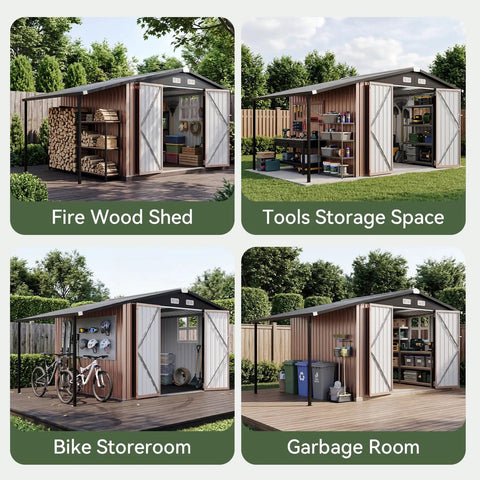 8x12 Ft Outdoor Metal Shed Built Tough For Everyday Yard Gear With Open Firewood Bay And Lockable Doors shown in various uses