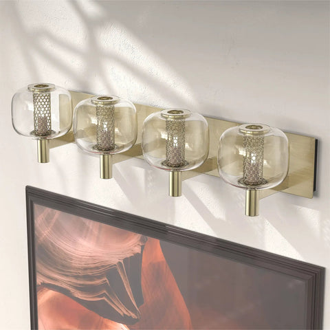 Vintage Brushed Brass Vanity Light With Clear Glass Globe Lampshades, 29 Inch 4 Light Bathroom Fixture