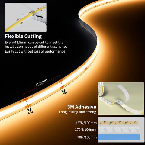 LED Strip Light 20ft COB Mega Bright 3087 LEDs Warm White 2700K CRI90 Plus Flexible DC24V Tape illustrating flexible cutting and adhesive.