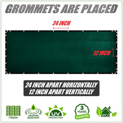 6 Ft By 50 Ft Green Fence Privacy Screen Windscreen Cover Fabric Shade Netting Mesh Cloth Pro Grade 170 GSM UV Stabilized Virgin HDPE Cable Zip Ties Included Custom Size Available, shown with grommets 24 inches apart horizontally and 12 inches apart vertically