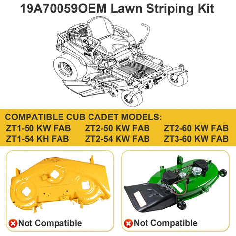 Diagram and compatibility guide for Pro Grade Lawn Striping Kit For 50, 54, 60 Inch Deck Zero-Turn Mowers Easy Install Works With Cub Cadet ZT1 ZT2 ZT3 And Troy-Bilt Series Durable Mounting For Crisp Professional Lawn Stripes.