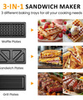 Three In One Sandwich And Waffle Maker With Removable Plates Panini Press Nonstick Plates Indicator Lights And Cool Touch Handle 750W