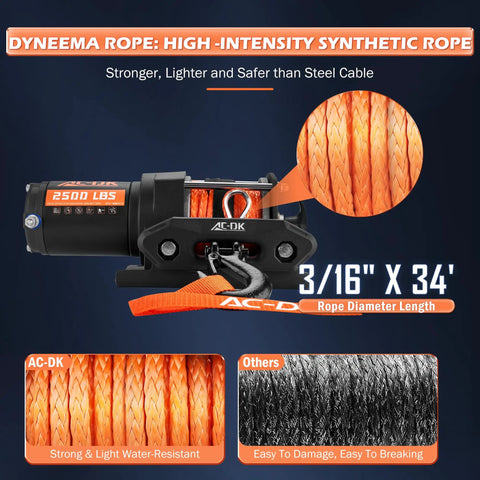 2500 Lb ATV UTV Winch Kit With Synthetic Rope 12V Electric Winch Wireless And Wired Remote Mounting Plate For Off Road Trailer Boat RV Towing Beefy Build For Real Off Road Toughness. Synthetic rope close-up, 3/16 x 34.