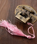 Antique Brass Key Hasp Lock For Wooden Boxes And Cabinets, Vintage Bronze Toggle Latch Hardware, pink tassel detail, 63x42mm