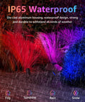 Two Pack Outdoor RGBW LED Spotlight Kit With Remote Control illuminating colorful garden under rain with IP65 waterproof feature