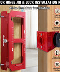 Essential Door Hinge Jig And Lock Installation Kit, heavy duty aluminum template for 2.5 to 5 inch hinges shown in action on wood.