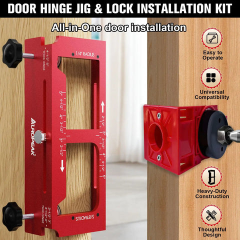 Essential Door Hinge Jig And Lock Installation Kit, heavy duty aluminum template for 2.5 to 5 inch hinges shown in action on wood.