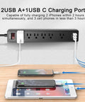 Six Outlet Power Strip With Three USB Ports, 6 Ft Cord, 1680J Surge Protector, Widely Spaced Outlets, USB A And USB C Fast Charge, Overload Shield, Great For Desk, Home Office, And Entertainment Setup black power strip with 6 outlets and 3 USB ports charging two phones