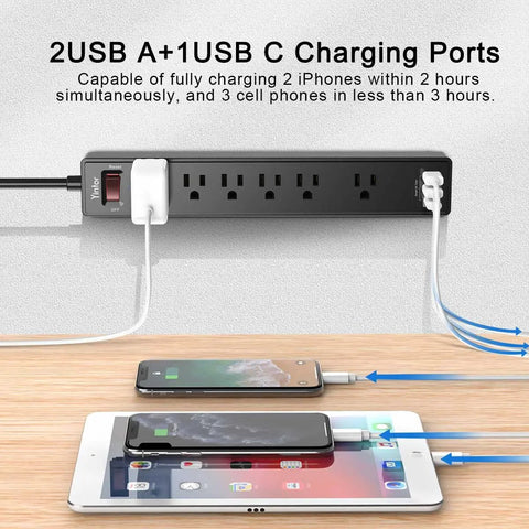 Six Outlet Power Strip With Three USB Ports, 6 Ft Cord, 1680J Surge Protector, Widely Spaced Outlets, USB A And USB C Fast Charge, Overload Shield, Great For Desk, Home Office, And Entertainment Setup black power strip with 6 outlets and 3 USB ports charging two phones