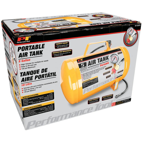 Box of Hi Viz 5 Gallon Horizontal Portable Air Tank With Tire Chuck And Gauge, Lightweight Industrial Grade Canister