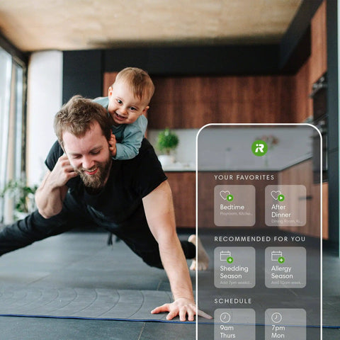 Man exercising with child on his back in a modern home, interactive screen displaying smart technology options for home control.
