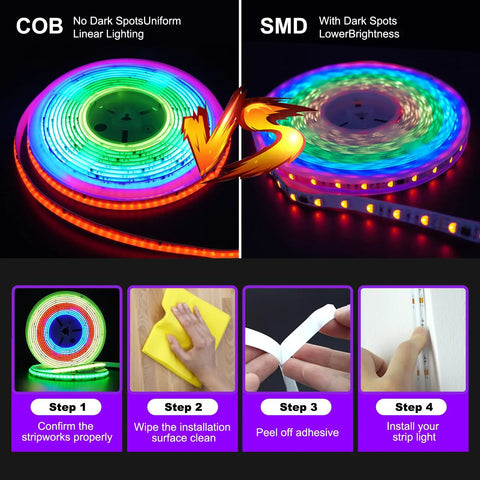 Comparison of COB and SMD lighting with steps to install 25 Ft Bluetooth LED Strip Lights For Bedroom Color Changing RGB Light Strip