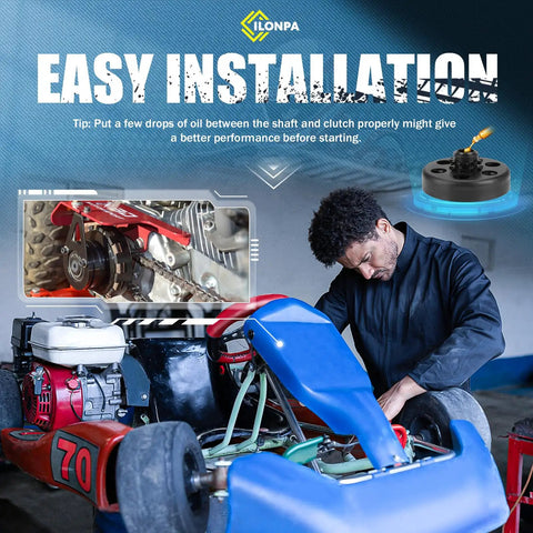 Mechanic installing Centrifugal Go Kart Clutch Three Quarters Bore Ten Tooth For 40 41 420 Chain on go-kart engine