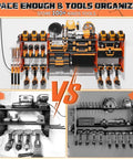 Front view of Tough As Nails Power Tool Organizer Wall Mount with 3 layer racks, 8 cordless drill holders, and 4 hooks.