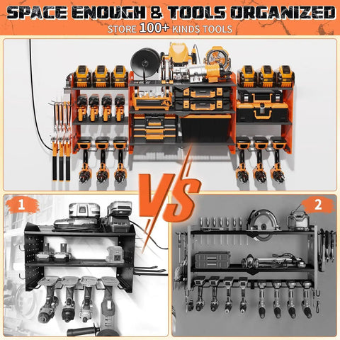 Front view of Tough As Nails Power Tool Organizer Wall Mount with 3 layer racks, 8 cordless drill holders, and 4 hooks.