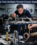 Mechanic using M11x2.0 4-Flute And M8x1.25 3-Flute Thread Tap Set For O2 Sensor And Spark Plug Threads in engine repair