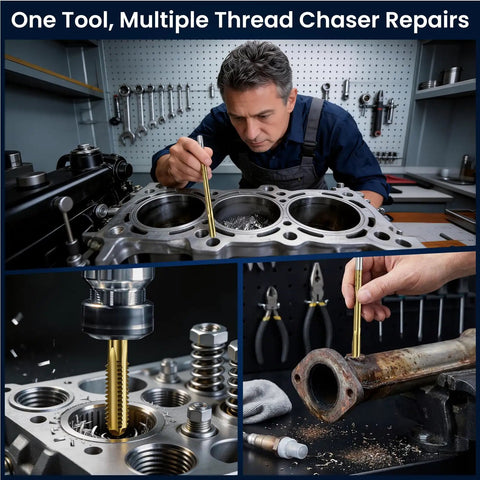 Mechanic using M11x2.0 4-Flute And M8x1.25 3-Flute Thread Tap Set For O2 Sensor And Spark Plug Threads in engine repair