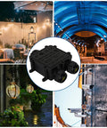 Collage showing IP68 Outdoor Junction Box For Trailers And Outdoor Electrical Installations, 3 Way Enclosure With M25 Cable Glands, Weatherproof ABS Housing.