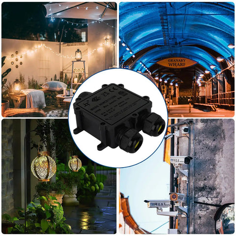 Collage showing IP68 Outdoor Junction Box For Trailers And Outdoor Electrical Installations, 3 Way Enclosure With M25 Cable Glands, Weatherproof ABS Housing.