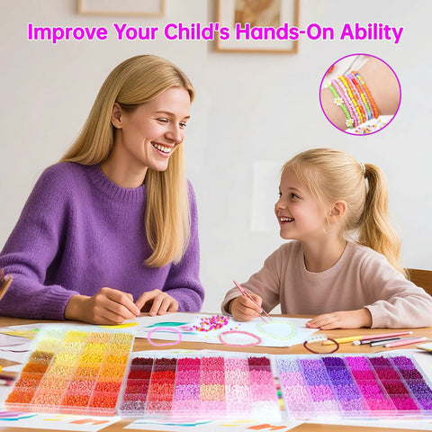 Mother and daughter making jewelry with All In One Glass Seed Beads Kit With Over 44000 Beads In 144 Colors 1000 Charms.