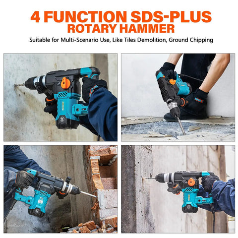 1-1/4 Inch SDS-Plus Rotary Hammer Drill With Vibration Control And Safety Clutch detailed in multiple uses on concrete and masonry