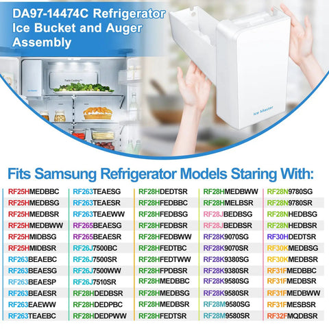 Easy Swap Ice Bucket With Auger Assembly DA97-14474C fitting guide and compatibility chart for Samsung refrigerators.