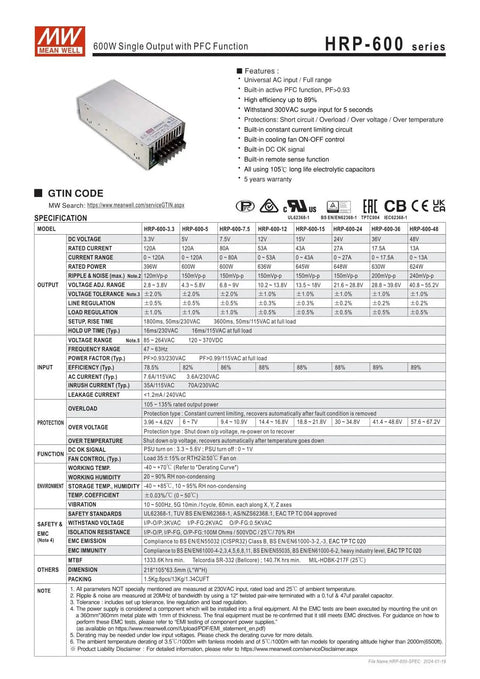 HRP-600-24 648W Single Output Power Supply With PFC Full Range Universal AC Input PF Greater Than 0.93 Efficiency Up To 89 Percent 300VAC surge tolerance