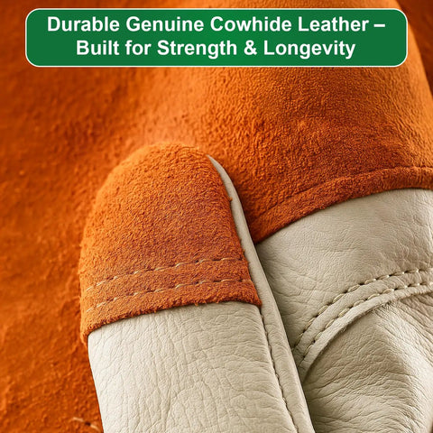 Close-up of Long Sleeve Leather Gardening Gloves For Women And Men, Thornproof Puncture Resistant Cowhide Work Gloves showing durable stitching.