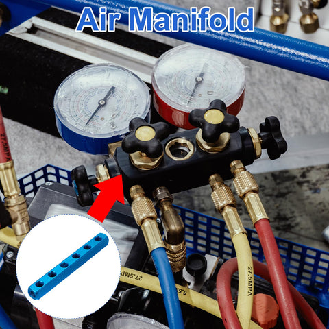 Close-up of a six way nine port aluminum air manifold block for one quarter inch quick connects, inline pneumatic splitter in use.