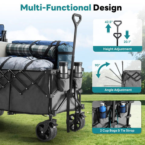 49 Inch Foldable Collapsible Grocery Wagon Cart With 440 Lb Capacity On Wheels, loaded with camping gear, adjustable handle