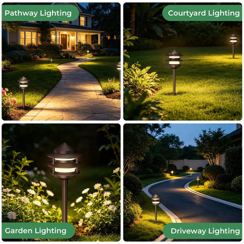 Pagoda Low Voltage Landscape Path Lights 12V Outdoor LED Bronze Three Tier Lanterns Replaceable 4W 2700K G4 Bulb Aluminum Walkway Lighting