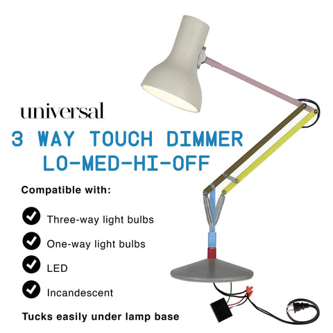 3 Way Touch Sensor Dimmer Replacement Kit For Lamps diagram with compatible bulb types and lamp illustration