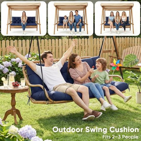 Family enjoying 60 Inch Waterproof Porch Swing Cushions For 2 To 3 Seaters in backyard setting with cushions secured.