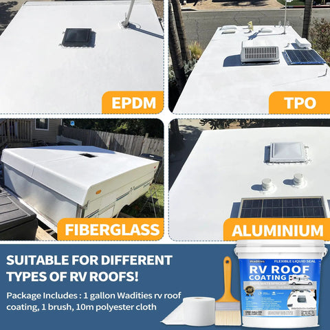 Flexible RV Roof Coating White Solar Reflective Sealant For Campers Trailers And Motorhomes UV Resistant Cool Roof Sealant That Flexes With The Roof One Gallon Bottle For Leak Repairs And Metal Buildings shown on different RV roof types