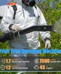 Person using Beast Mode Gas Powered Backpack Fogger Sprayer With 15.8 Gallon Tank 2.13kW Engine, misting trees in orchard.