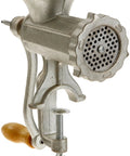 Heavy Duty Cast Iron Meat Grinder With Tabletop Clamp And Two Cutting Disks For Manual Mincing Sausage Burgers Ground Beef And More Quick DIY Kitchen Essential Gift For Holiday Cooking, showing side view with fine disk