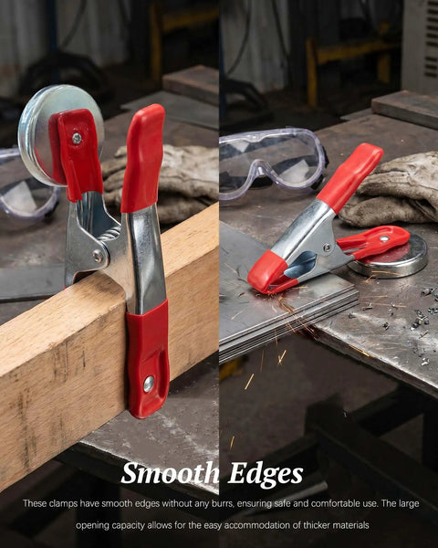 Two Pack Heavy Duty Magnetic Spring Clamps With Solid Magnet Base For Woodworking, Craft, And Workshop Use, Multi Purpose Metal Clamps, Non Slip PVC Handles, Strong Magnetic Grip, Direct Metal Surface Attachment on wood and steel