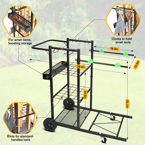 Mobile Trash Bag Holder And Tools Organizer Cart 2 In 1 With Metal Frame On 360 Degree Wheels, showing dimensions and storage features.