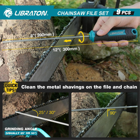 Boss Chainsaw File Set With Multiple Files In Five Thirty Two Three Sixteen And Seven Thirty Two Inch Sizes Plus A Six Inch Flat File Depth Gauge Filing Guide Quick Check Gauge Bar Groove Cleaner And Pouch For Easy Sharpening in use with a chainsaw.